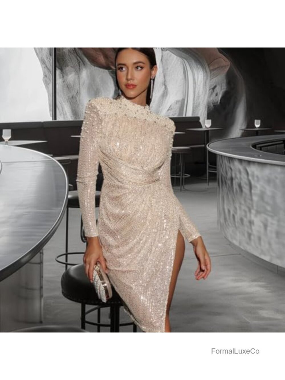 Long Sleeve Backless Mesh Rhinestone Bodycon Dress Ruched Prom Mini - Picture 2 of 6